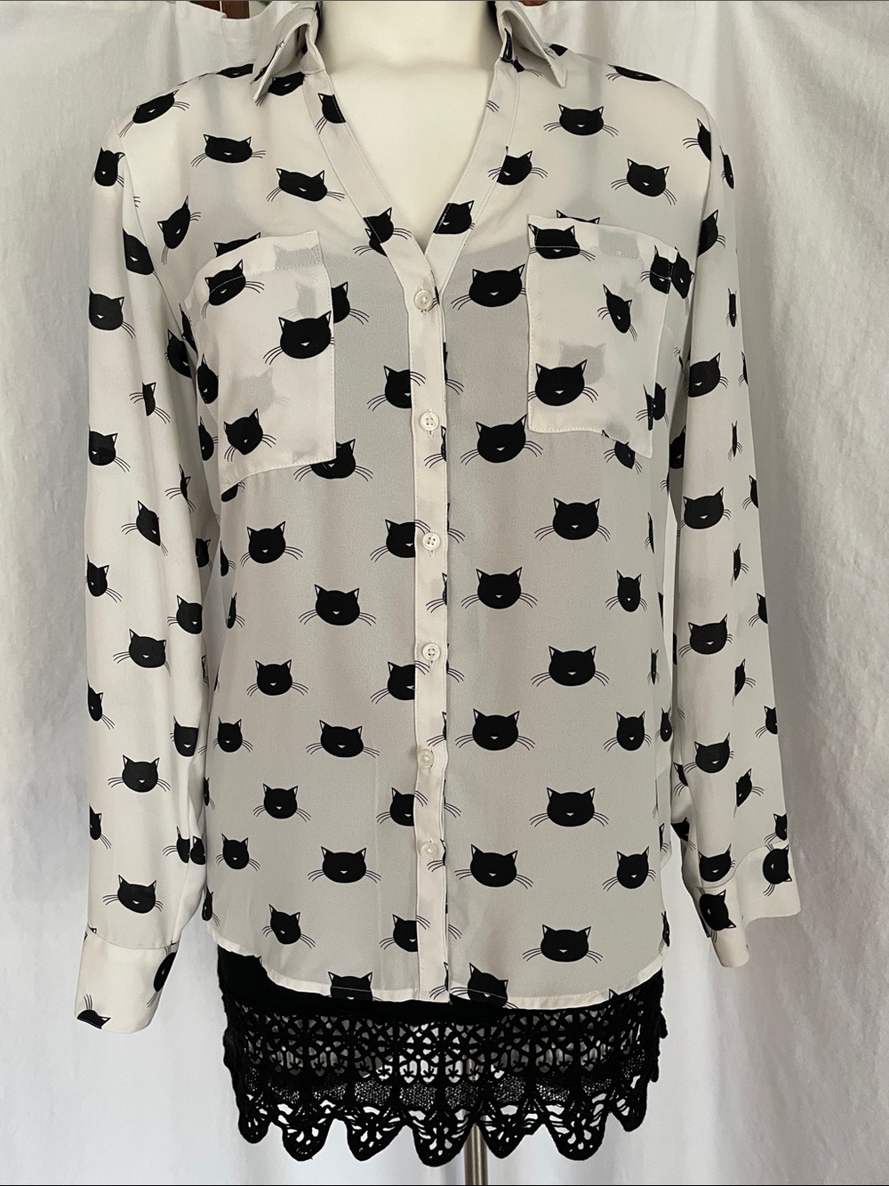 Express White Button-Up Blouse with Black Cat Print